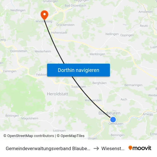 Gemeindeverwaltungsverband Blaubeuren to Wiesensteig map