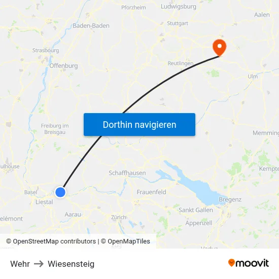 Wehr to Wiesensteig map
