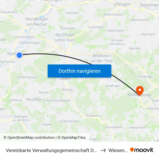 Vereinbarte Verwaltungsgemeinschaft Der Stadt Nürtingen to Wiesensteig map