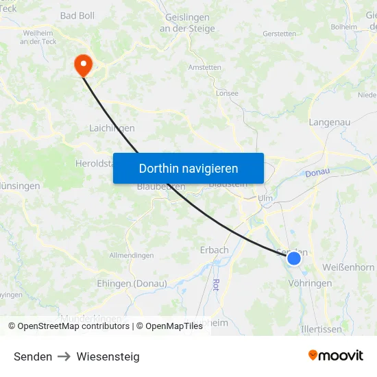 Senden to Wiesensteig map
