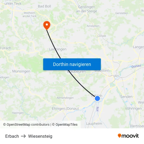 Erbach to Wiesensteig map