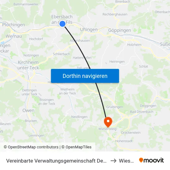 Vereinbarte Verwaltungsgemeinschaft Der Stadt Ebersbach An Der Fils to Wiesensteig map