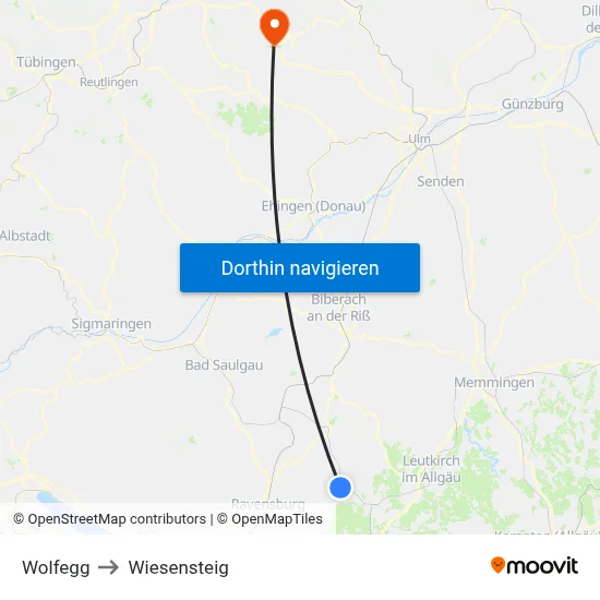 Wolfegg to Wiesensteig map