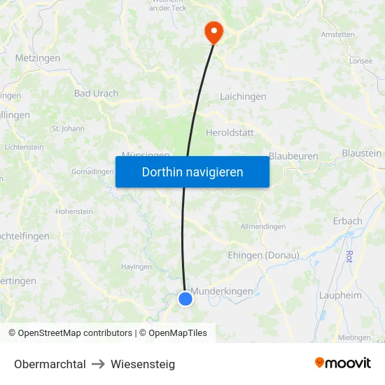 Obermarchtal to Wiesensteig map