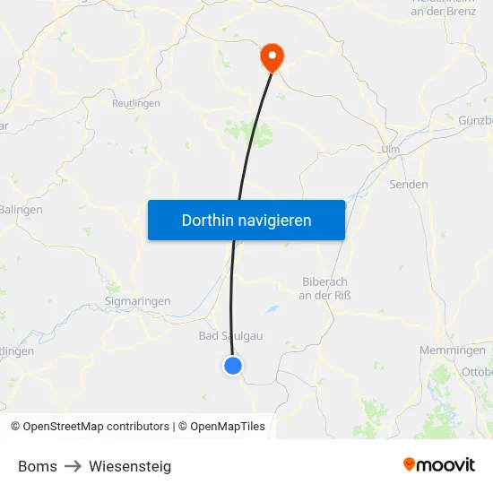 Boms to Wiesensteig map