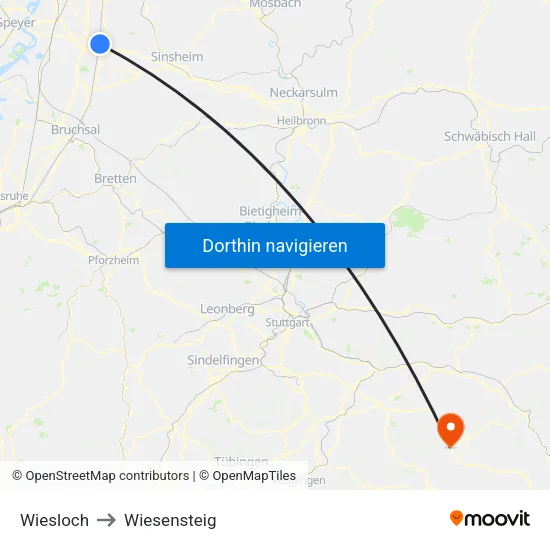 Wiesloch to Wiesensteig map