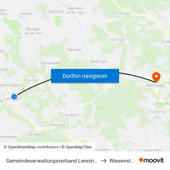 Gemeindeverwaltungsverband Lenningen to Wiesensteig map