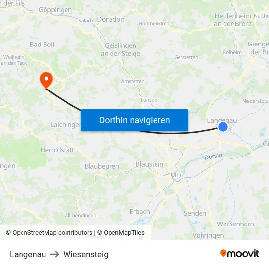 Langenau to Wiesensteig map
