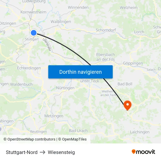 Stuttgart-Nord to Wiesensteig map