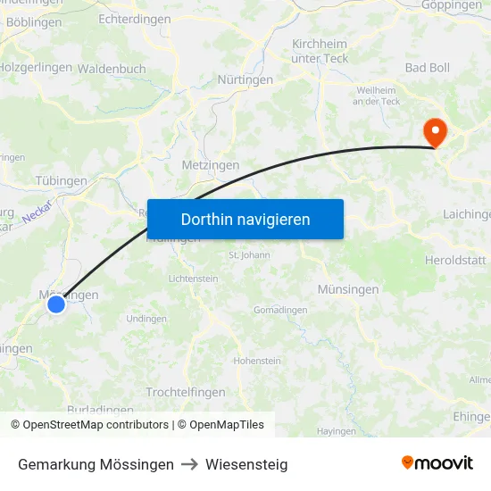 Gemarkung Mössingen to Wiesensteig map