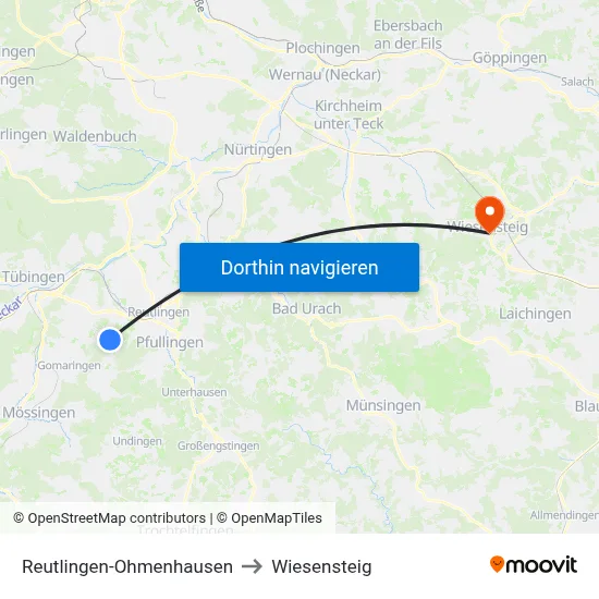 Reutlingen-Ohmenhausen to Wiesensteig map