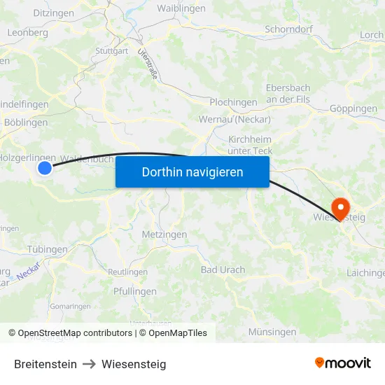 Breitenstein to Wiesensteig map