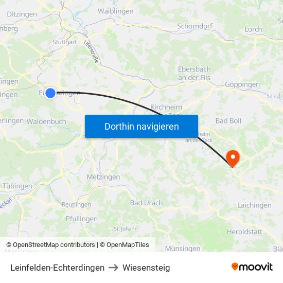 Leinfelden-Echterdingen to Wiesensteig map