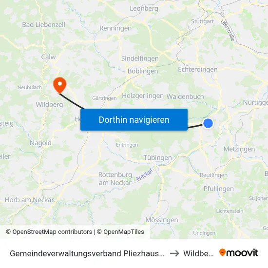 Gemeindeverwaltungsverband Pliezhausen to Wildberg map