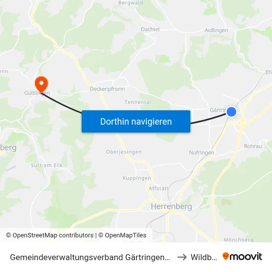 Gemeindeverwaltungsverband Gärtringen/Ehningen to Wildberg map