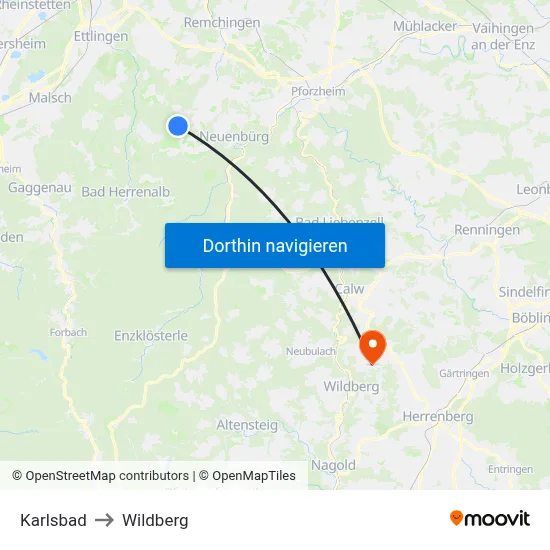 Karlsbad to Wildberg map