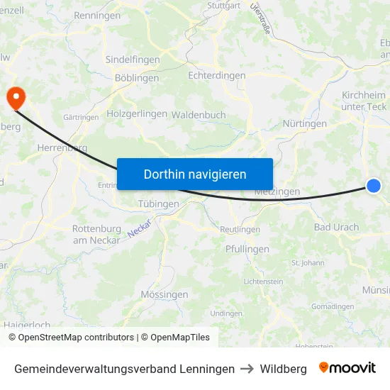 Gemeindeverwaltungsverband Lenningen to Wildberg map