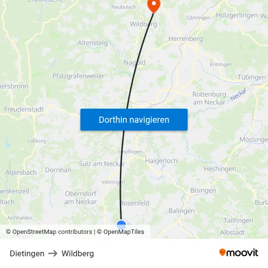 Dietingen to Wildberg map