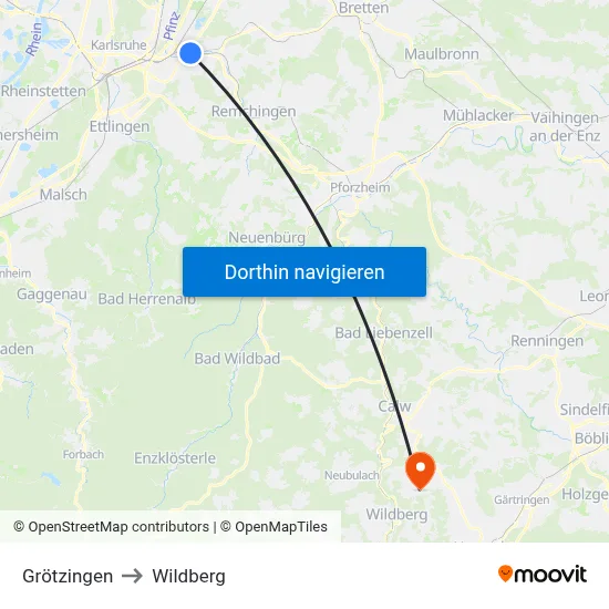 Grötzingen to Wildberg map