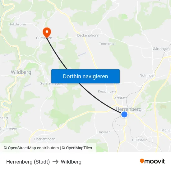 Herrenberg (Stadt) to Wildberg map