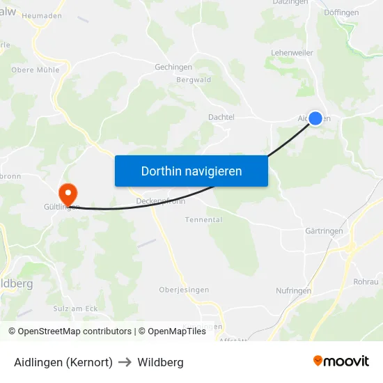Aidlingen (Kernort) to Wildberg map
