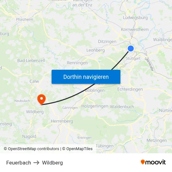 Feuerbach to Wildberg map