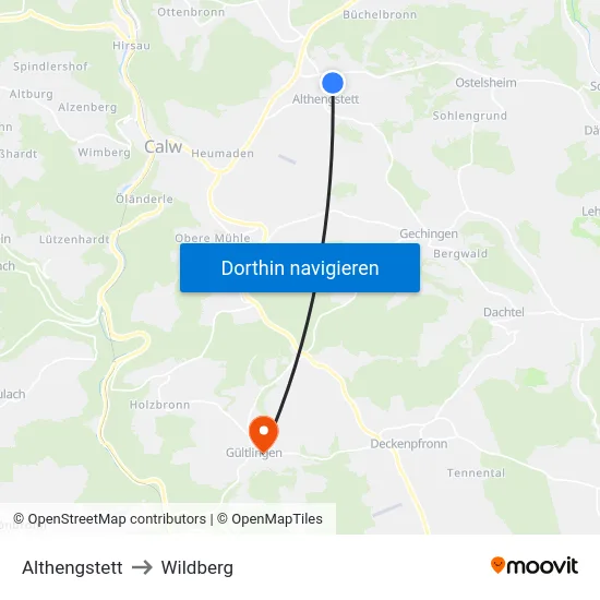 Althengstett to Wildberg map