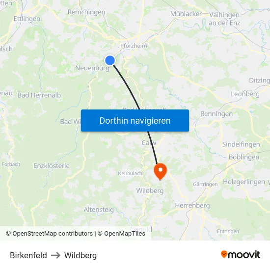 Birkenfeld to Wildberg map