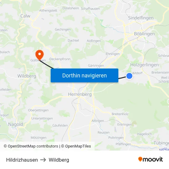 Hildrizhausen to Wildberg map