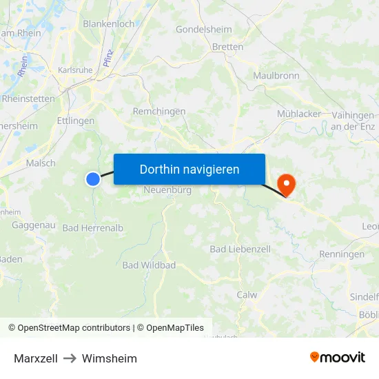 Marxzell to Wimsheim map