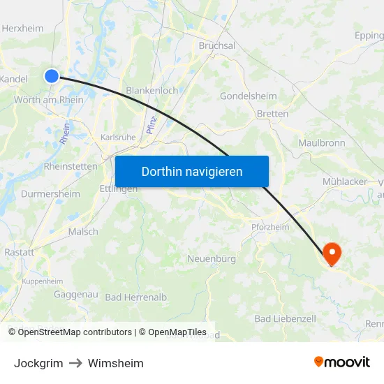 Jockgrim to Wimsheim map