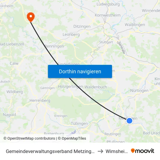 Gemeindeverwaltungsverband Metzingen to Wimsheim map