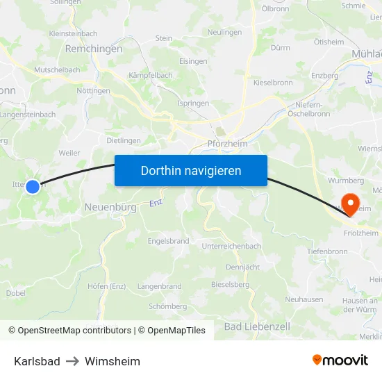 Karlsbad to Wimsheim map