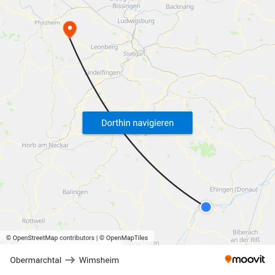 Obermarchtal to Wimsheim map