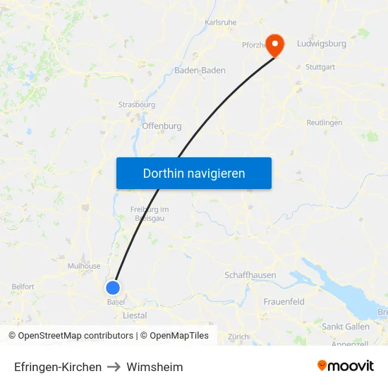 Efringen-Kirchen to Wimsheim map
