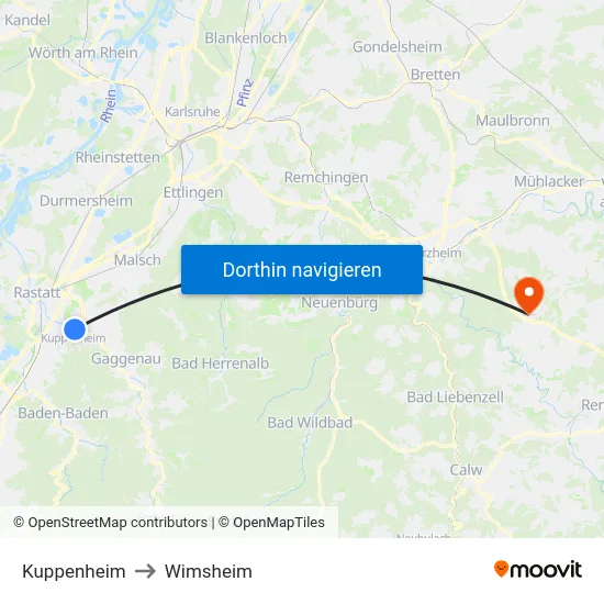 Kuppenheim to Wimsheim map