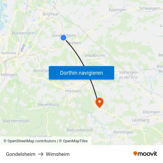 Gondelsheim to Wimsheim map