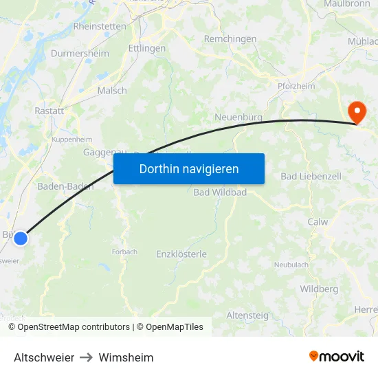 Altschweier to Wimsheim map