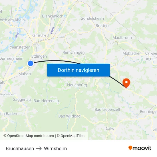 Bruchhausen to Wimsheim map
