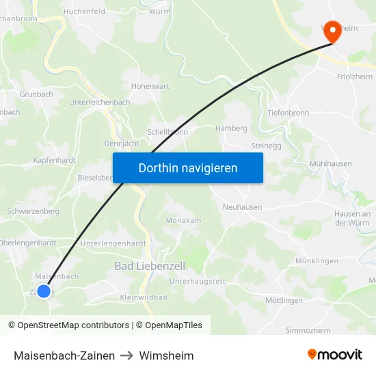 Maisenbach-Zainen to Wimsheim map