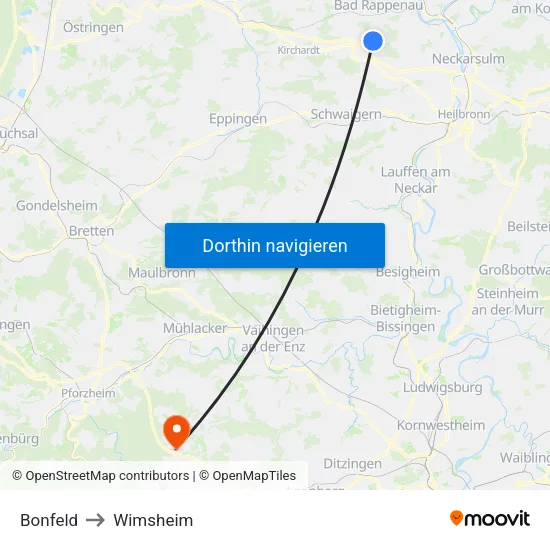 Bonfeld to Wimsheim map