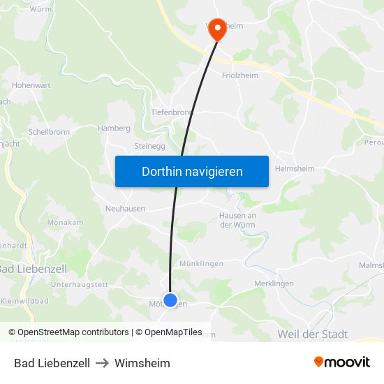 Bad Liebenzell to Wimsheim map