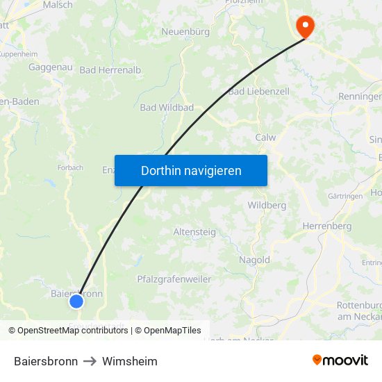 Baiersbronn to Wimsheim map