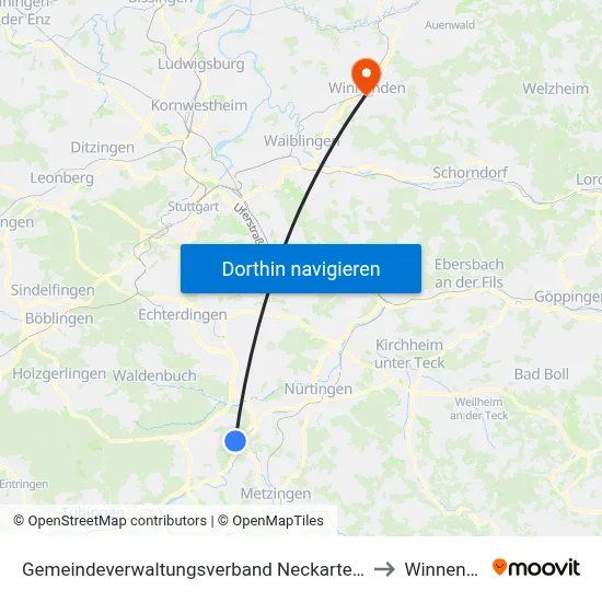 Gemeindeverwaltungsverband Neckartenzlingen to Winnenden map