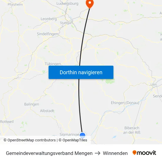 Gemeindeverwaltungsverband Mengen to Winnenden map