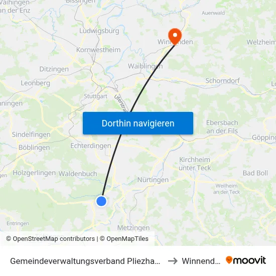 Gemeindeverwaltungsverband Pliezhausen to Winnenden map