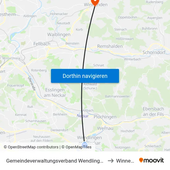 Gemeindeverwaltungsverband Wendlingen am Neckar to Winnenden map