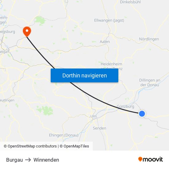 Burgau to Winnenden map