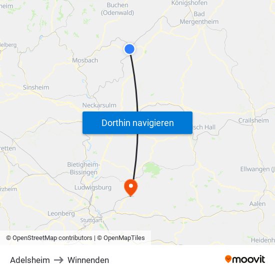 Adelsheim to Winnenden map