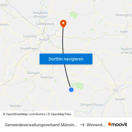 Gemeindeverwaltungsverband Münsingen to Winnenden map